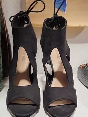 Shoe Dazzle Black Lace-Up Open-Toe Heels